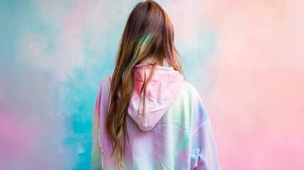 A young woman is captured from behind, turning around with eye contact, wearing a hoodie in vibrant pastel colors