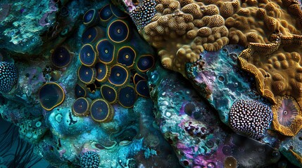 Close-up of colorful coral reef with intricate patterns and textures.