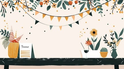 Obraz premium A whimsical table setting with floral decorations and bunting for a celebration.