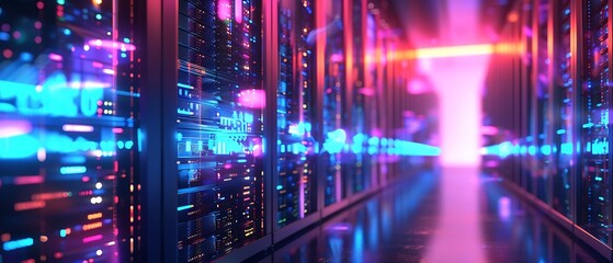 Obraz premium High-Tech Data Center with Neon Blue and Magenta Lit Server Racks