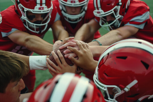 Teenage boy high school football team connecting hands in huddle. High Details, 8k, UHD
