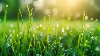 Close-up of dew drops on green grass in the morning sunlight.