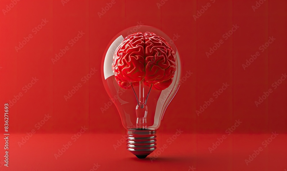Poster 3d render of a brain inside a light bulb on a red background