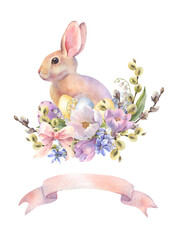 Watercolor postcard with peach rabbit is sitting in the spring flowers wreath. Template for designs , card, greeting.