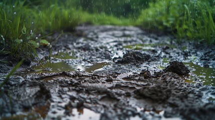 Fototapeta premium Close-up of muddy path with puddles after rain