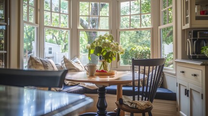 A charming breakfast nook with a cozy banquette and large windows offers a perfect spot for morning coffee.