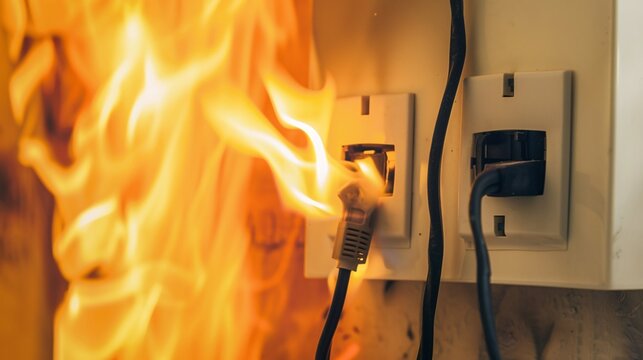  A domestic accident image showing an indoor electric wire plug igniting in flames due to a short circuit, emphasizing the hazards of electrical malfunctions