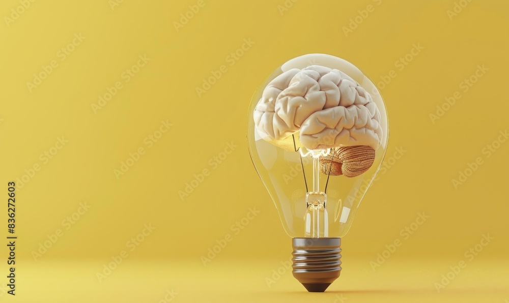 Poster 3d render of a brain inside a light bulb on a yellow background