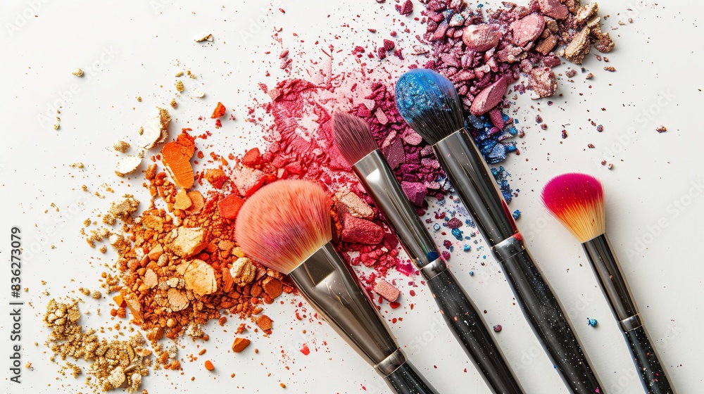 Poster a close-up of makeup brushes covered in vibrant eyeshadow and blush on a white background. generativ