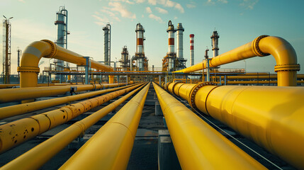 a minimalistic image depicting yellow gas pipes in front of an oil and natural gas storage plant