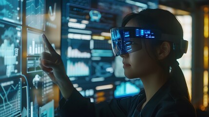 Advanced AR glasses on a person in a cutting-edge office, surrounded by floating data