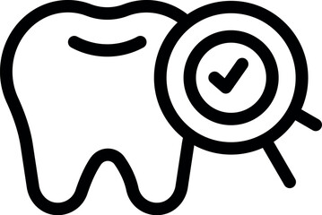 Illustration of a dental icon with magnifying glass for healthy tooth checkup and examination, symbolizing quality oral care and prevention of cavities, in minimalist black and white vector design