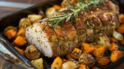 A delicious Kurobuta pork roast, seasoned with rosemary and garlic, served with roasted root vegetables