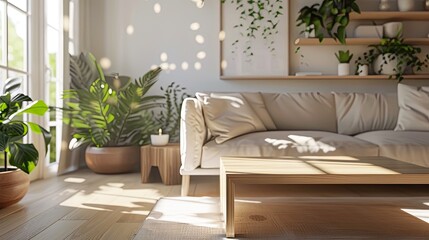 Fototapeta premium Sunlight Streams Into Modern Living Room Interior Design With Lush Plants