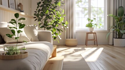 Sunlight Streams Into Modern Living Room Interior Design With Lush Plants