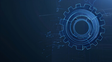 Obraz premium a vector wireframe illustration of a gear on a dark blue background. the gear's intricate design, symbolizing mechanical technology, machine engineering, and project development