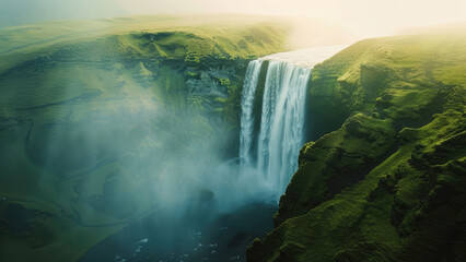 Majestic Waterfall Cascading Down Rugged Cliffs in a Serene Natural Landscape