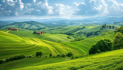 Fototapeta premium Rolling Hills of Tuscany, Italy - Scenic Landscape with Lush Green Fields, Farmhouses, and Dramatic Sky - Perfect for Travel, Nature, and Agricultural Themes