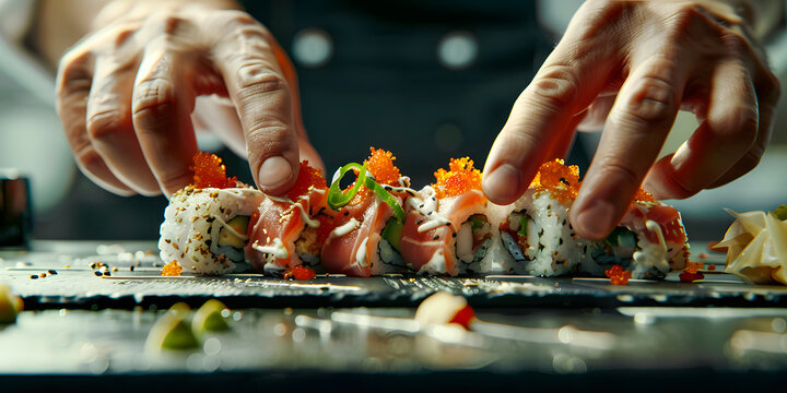 Chef cocinero preparando rollos de sushi japones 
