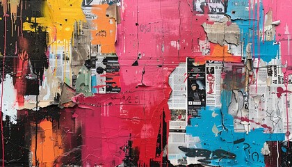 Fototapeta premium Vibrant Abstract Street Art Collage with Layers of Colorful Paint and Torn Newspaper Clippings on Urban Wall