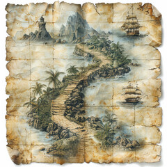 a treasure map, showing a path from the beach to a cave with a treasure chest.
