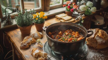 A cozy Irish pub with hearty stew, fresh soda bread, potted flowers, warm lighting, and rustic furniture.