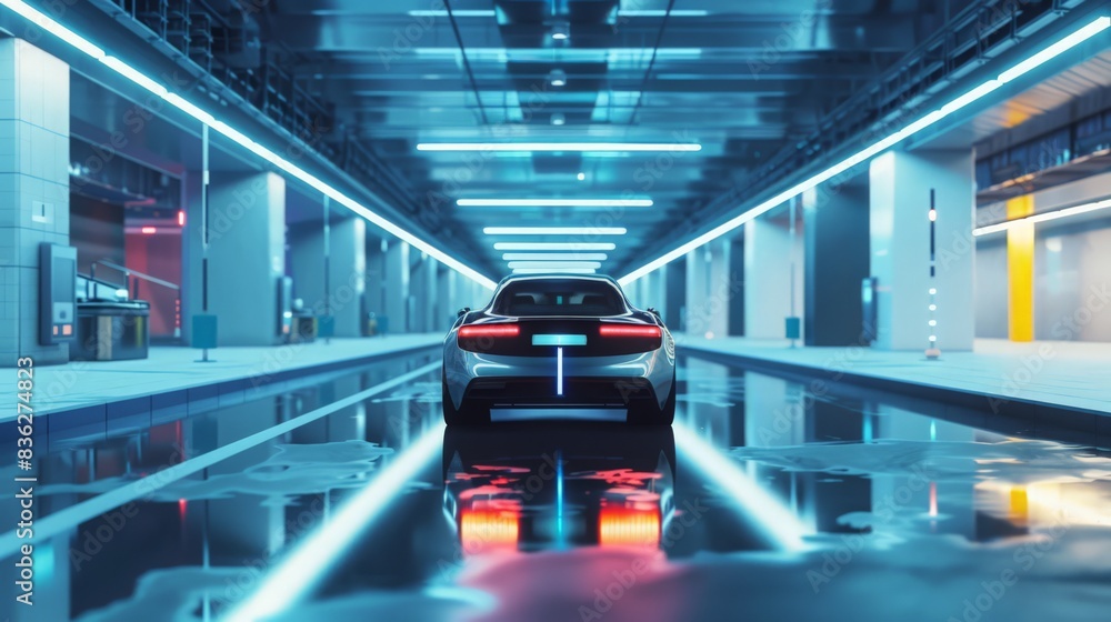 Aufkleber a futuristic car parking itself in a high-tech, automated parking garage, utilizing ai and robotics.