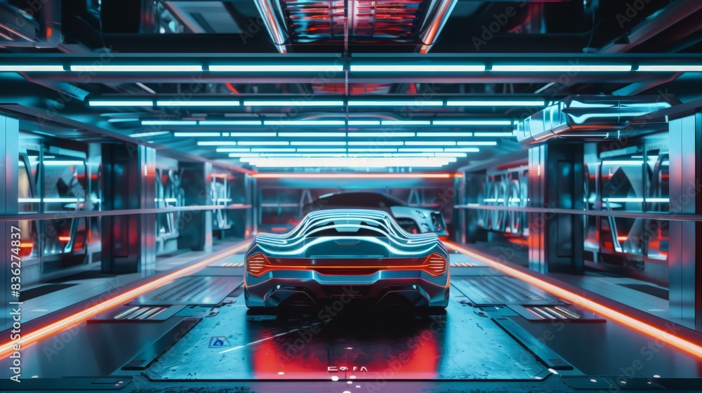 Aufkleber a futuristic car parking itself in a high-tech, automated parking garage, utilizing ai and robotics.