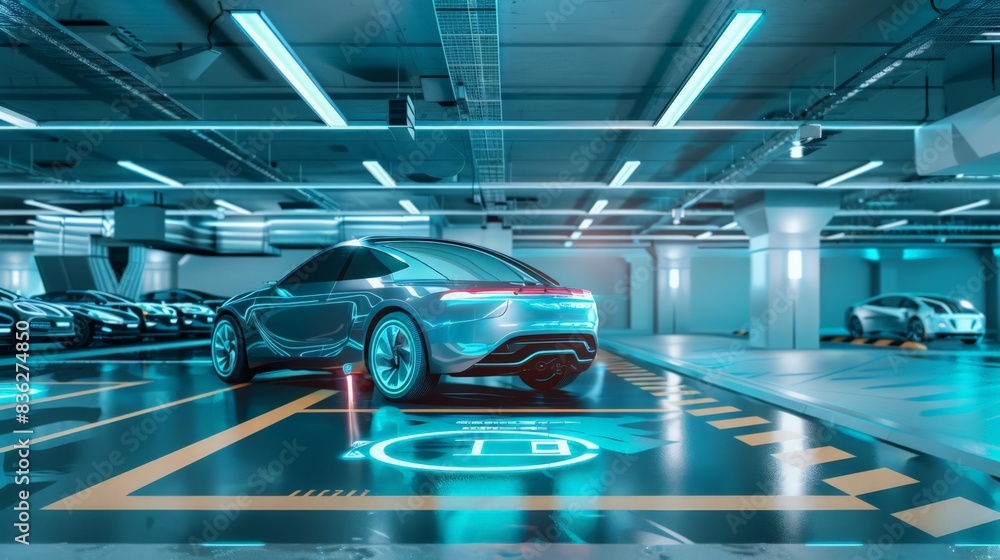 Poster a futuristic car parking itself in a high-tech, automated parking garage, utilizing ai and robotics.