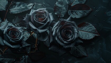 Obraz premium Elegant Black Roses with Dew Drops on Dark Leaves - Moody Floral Photography for Gothic and Romantic Themes