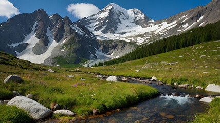 Snow capped mountains with green grass and river on a beautiful sunny day.