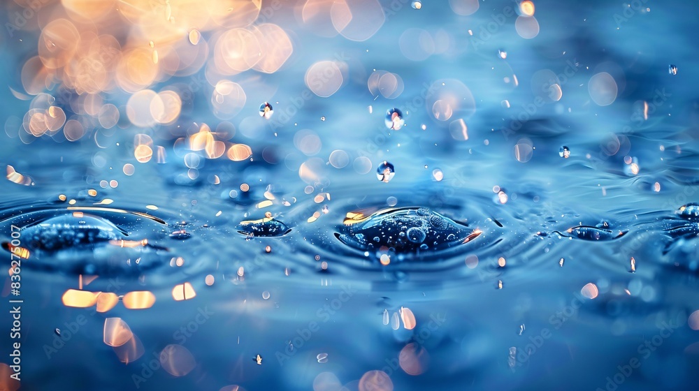 Aufkleber close-up of water droplets creating ripples on a surface with bokeh light effects in the background,