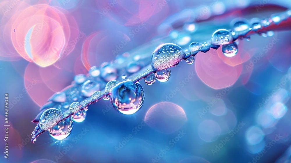 Poster close-up of dew drops on a leaf with colorful bokeh background - nature's beauty captured in macro p