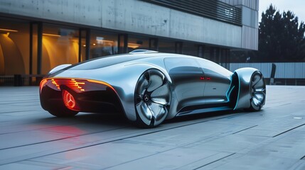 A futuristic car with advanced safety features, including 360-degree cameras, adaptive cruise control, and collision avoidance systems.
