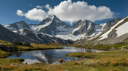 Fototapeta premium Snow capped mountains with green grass and river on a beautiful sunny day.