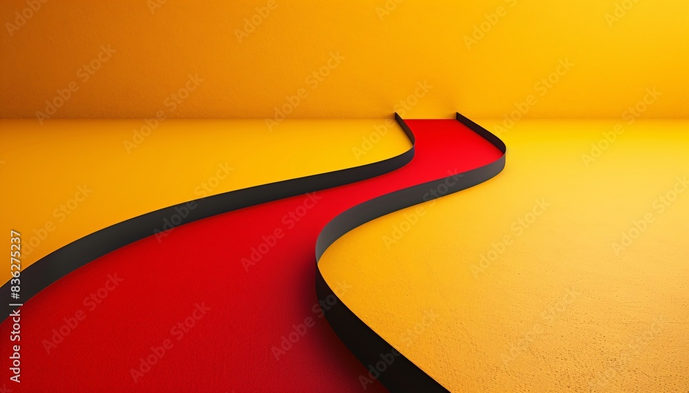 Poster abstract modern art with curved red path on yellow background - minimalist design and bold colors fo
