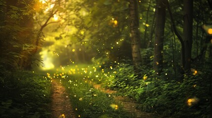 Obraz premium A gentle breeze rustles the leaves as fireflies flit about, casting a magical glow on a secluded path