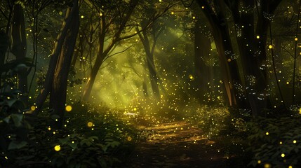 Fototapeta premium A gentle breeze rustles the leaves as fireflies flit about, casting a magical glow on a secluded path