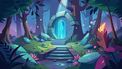 Mystical Portals in Enchanted Forests Surrounded by Flora Glowing in Ethereal Light, vector graphics