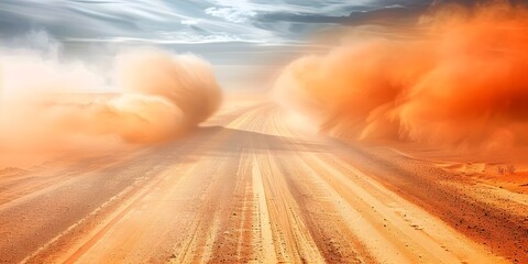 Rapid Digital Path on Dusty Road with Sand Cloud and Dust. Concept Dusty Adventure, Sand Clouds, Rapid Digital Path, Outdoors Fun, Adventure Photography