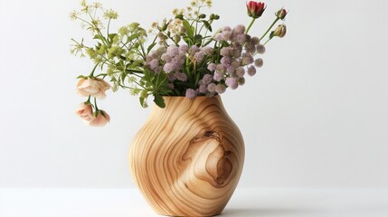 Obraz premium A handcrafted wooden flower vase with a natural grain, filled with seasonal flowers.