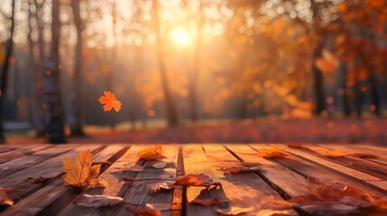 Wooden table with blurred autumn forest background