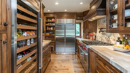 A kitchen with a large pantry, pull-out shelves, and built-in organizers for maximum efficiency