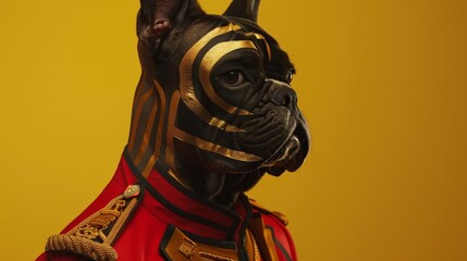 French Bulldog with a stylized appearance, adorned with gold and black face paint and a red military-style jacket with gold embellishments and epaulettes