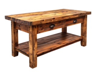Rustic wooden workbench with two drawers and lower shelf, made from reclaimed wood. Ideal for workshops, garages, or as a sturdy furniture piece.