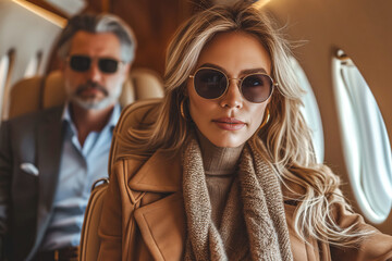  Elegant woman and man with sunglasses inside a private jet