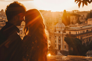 Young Couple Enjoying Sunset Views Over Rome