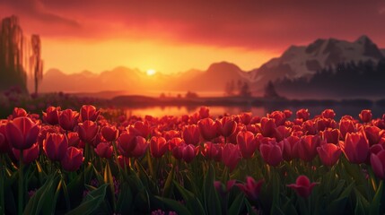 A romantic scene with tulips and a sunset, setting a peaceful and serene mood.