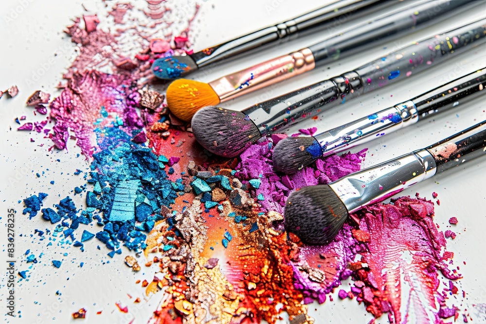 Poster a close-up image of several makeup brushes covered in colorful eyeshadow and blush, arranged artisti