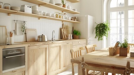 Fototapeta premium A Scandinavian-style kitchen with light wood finishes, white walls, and simple, functional design.